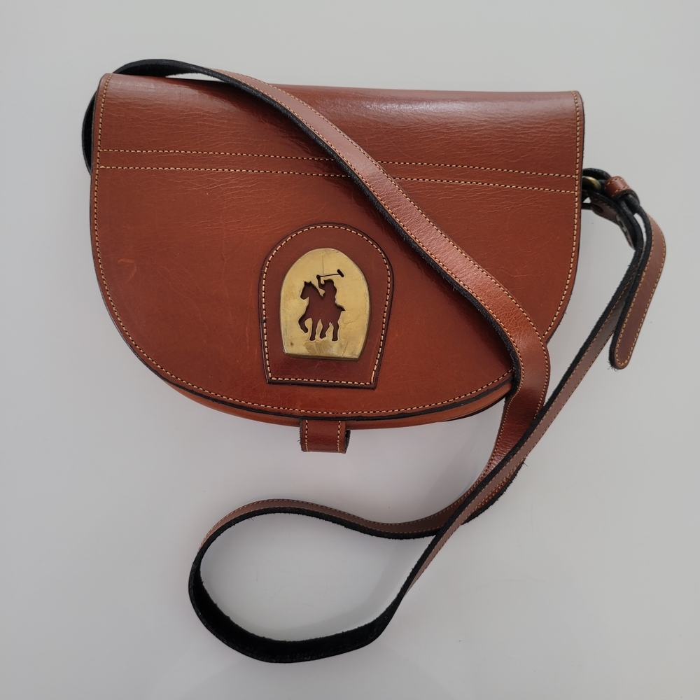 Brown Leather Saddle Crossbody with Polo Rider Medallion